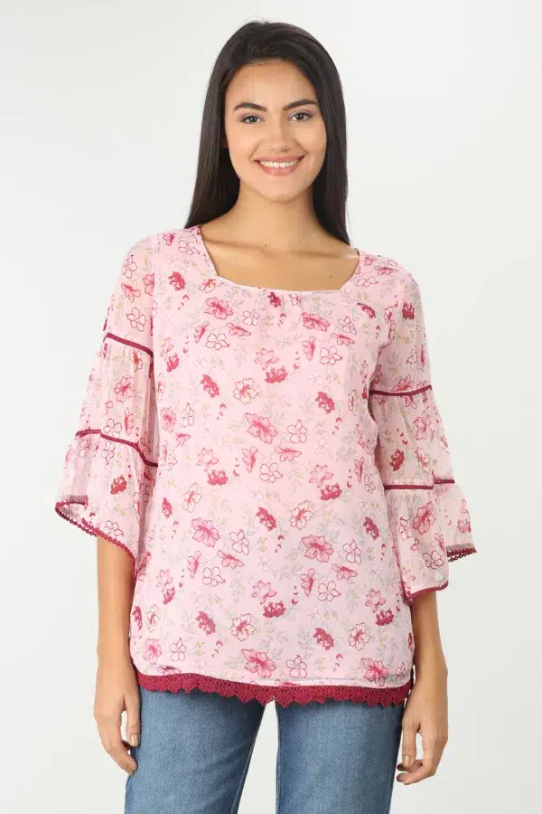 Pink Floral Printed Women Tops For Office