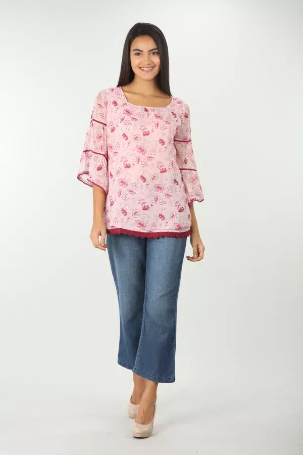 Pink Floral Printed Women Tops For Office