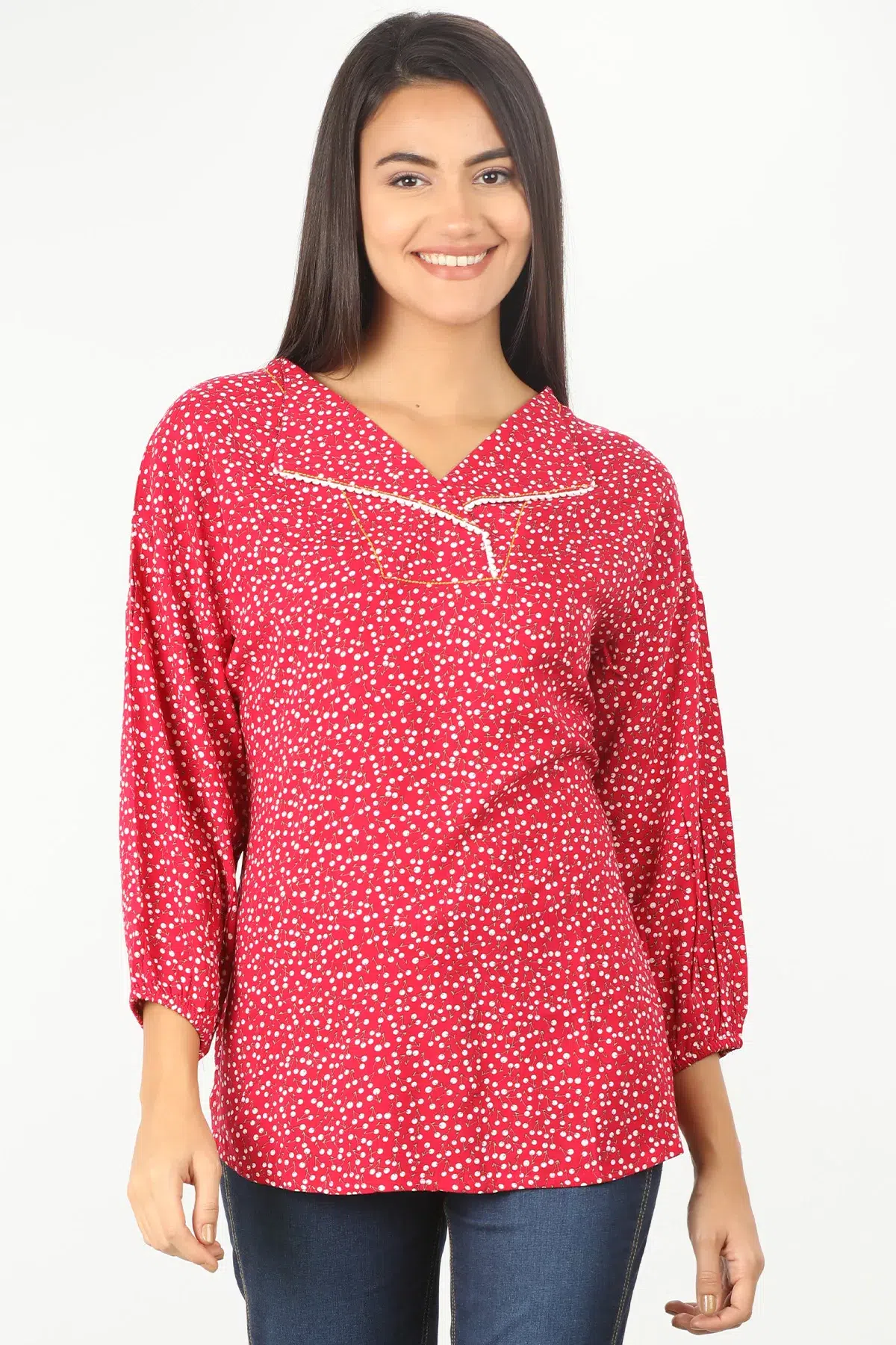 Printed Pink Women Tops With Collar