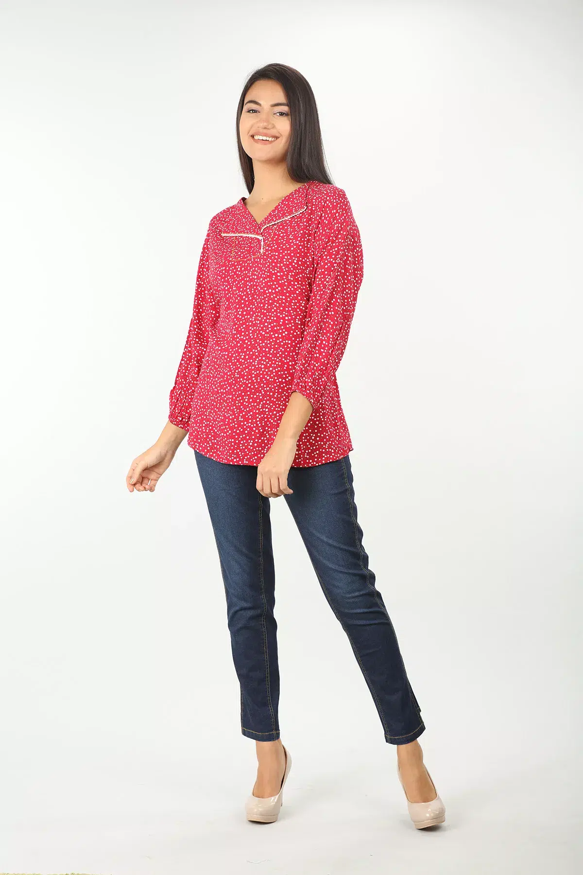 Printed Pink Women Tops With Collar