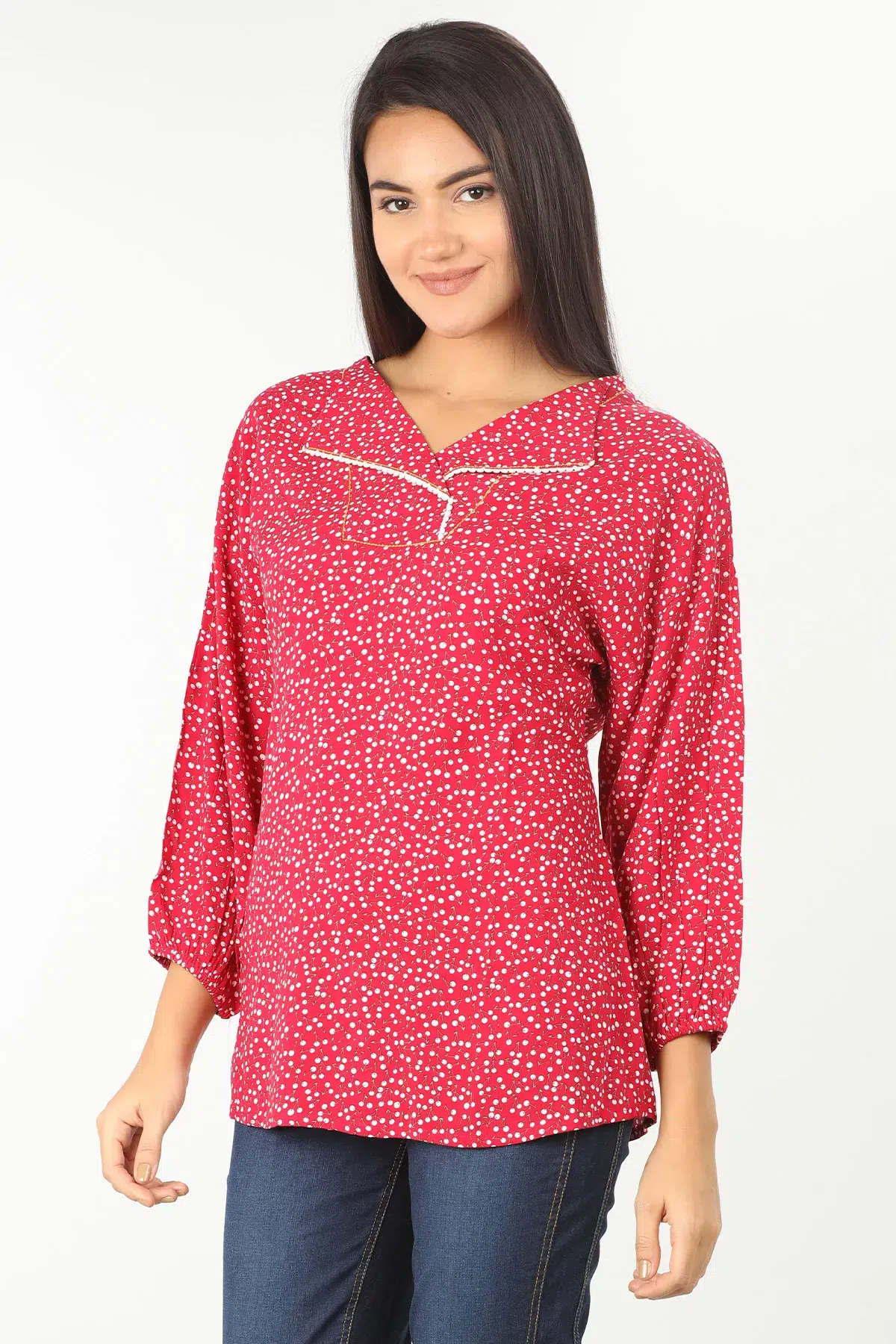 Printed Pink Women Tops With Collar
