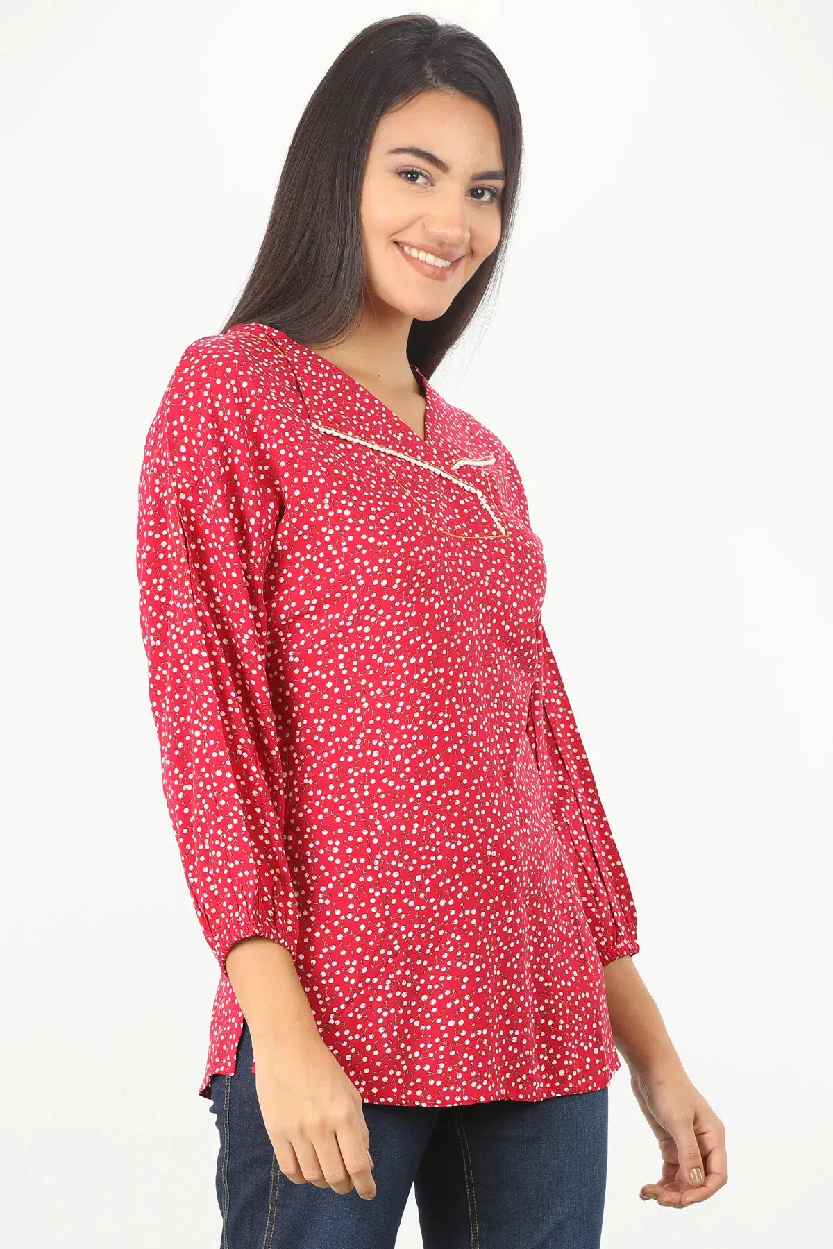 Printed Pink Women Tops With Collar