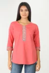 Coral Embroidered Ladies Top Cotton