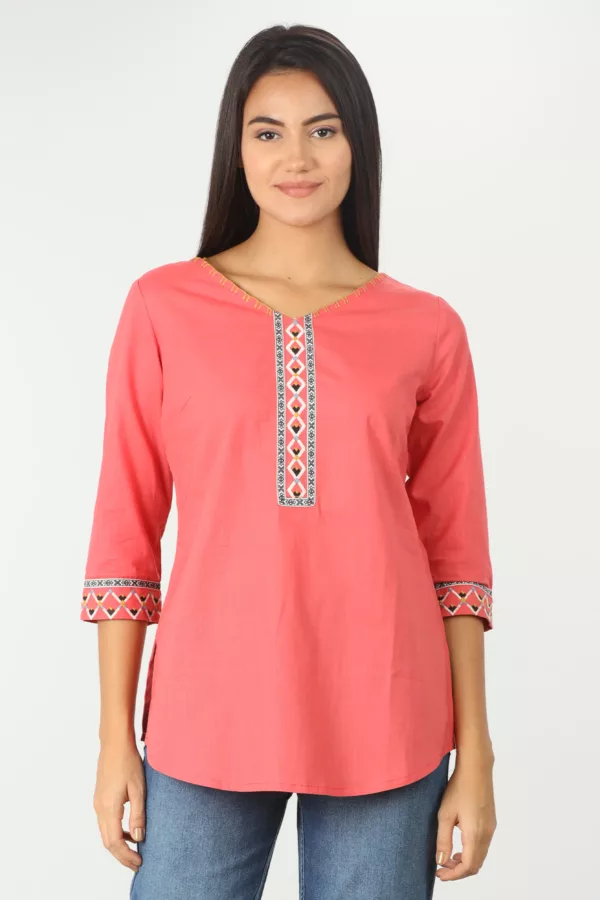 Coral Embroidered Ladies Top Cotton