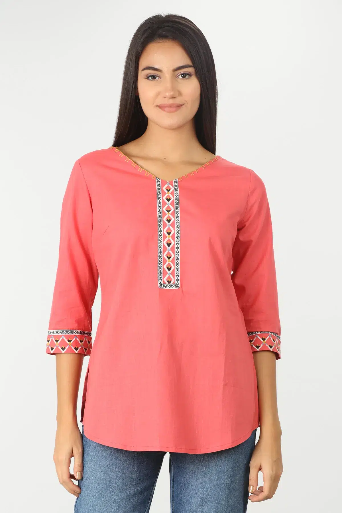 Coral Embroidered Ladies Top Cotton