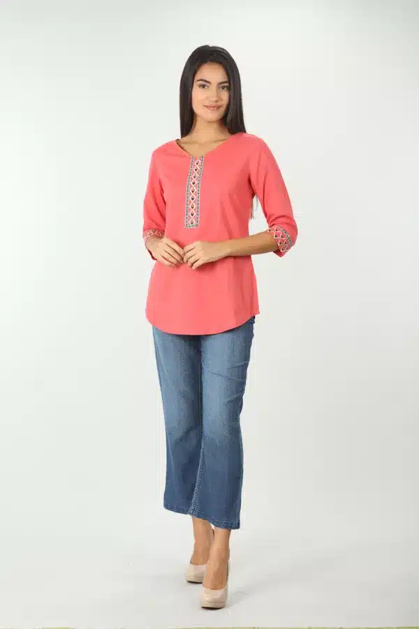 Coral Embroidered Ladies Top Cotton
