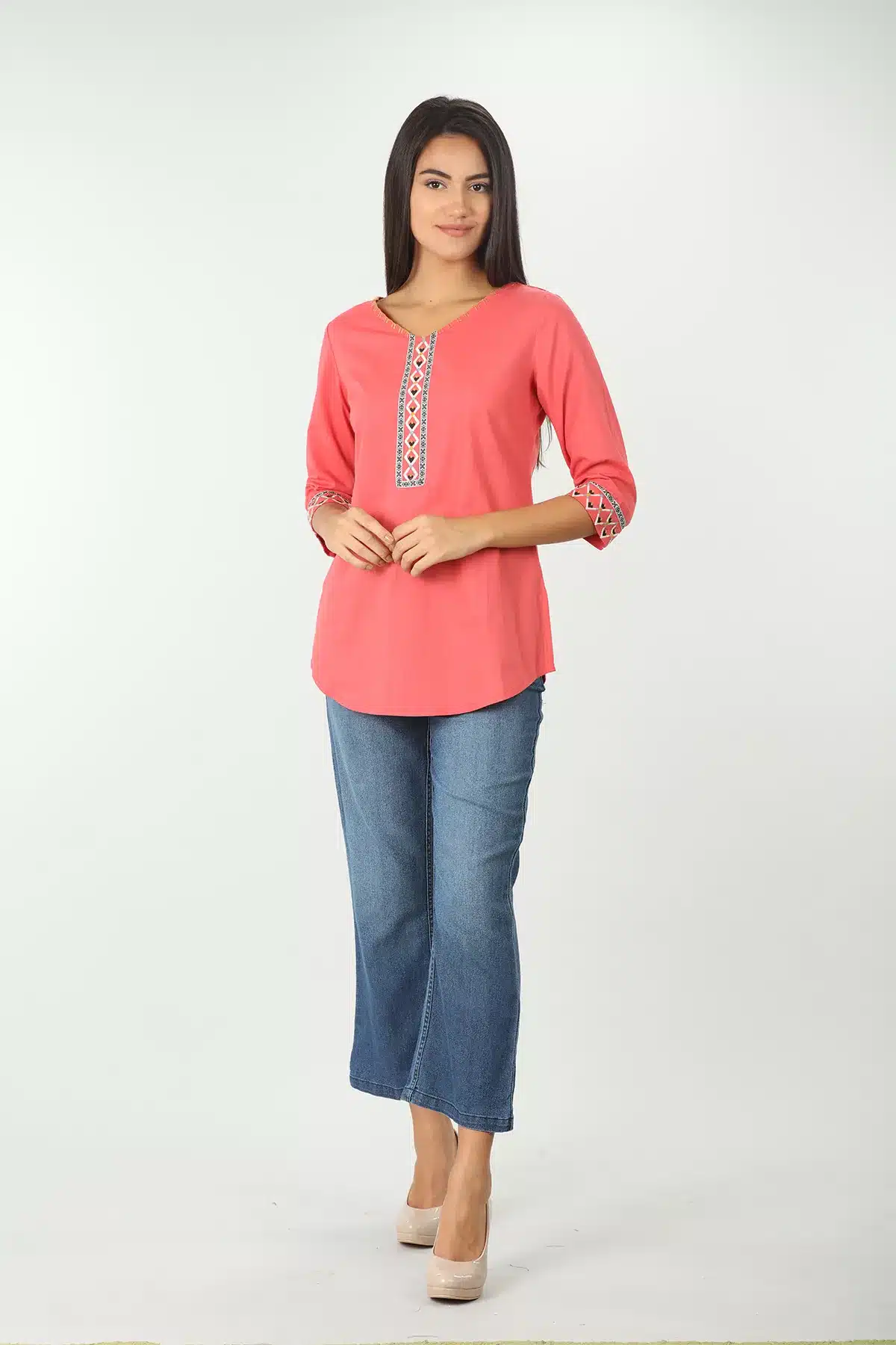 Coral Embroidered Ladies Top Cotton