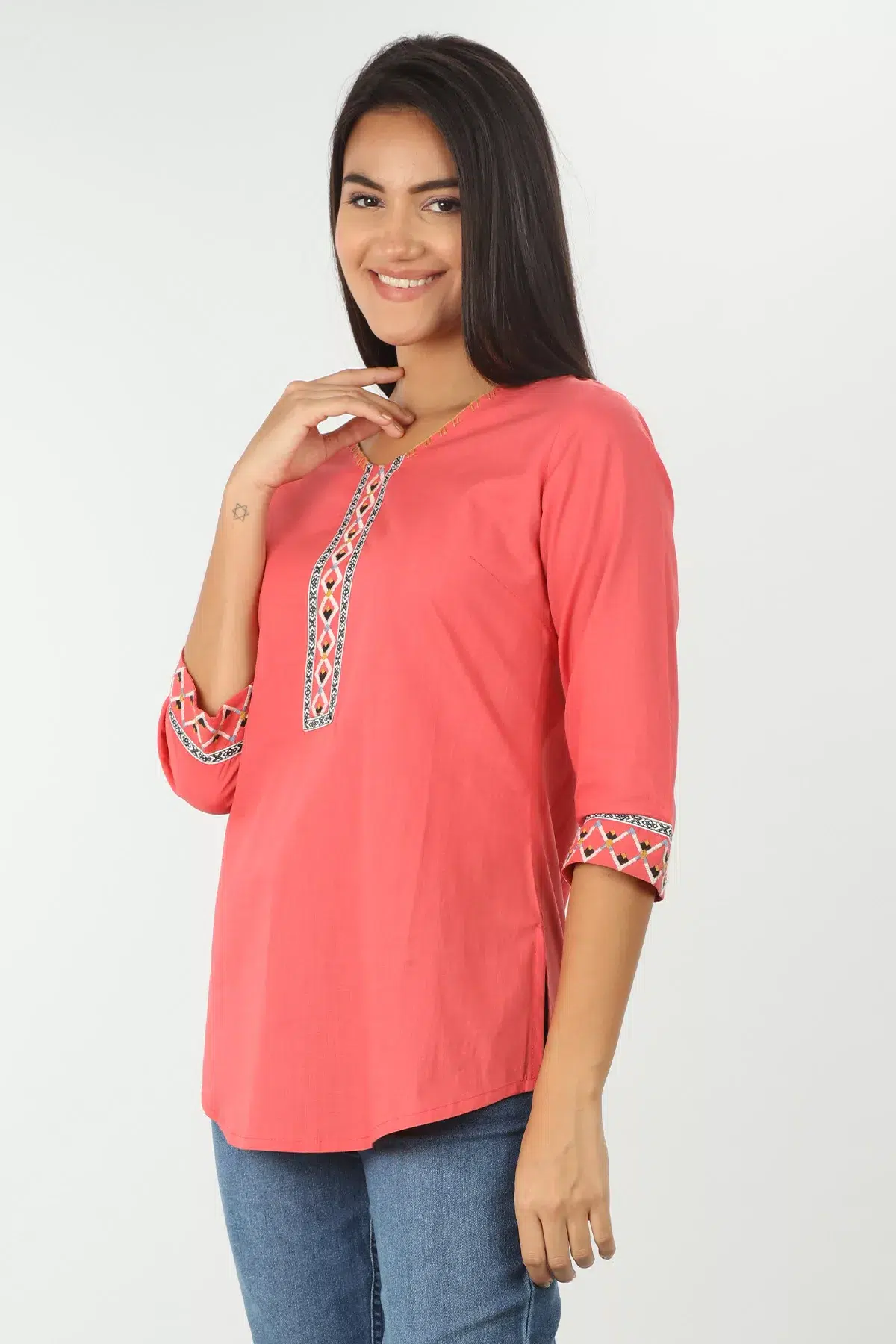 Coral Embroidered Ladies Top Cotton