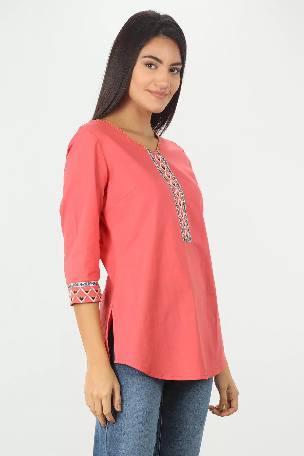 Coral Embroidered Ladies Top Cotton