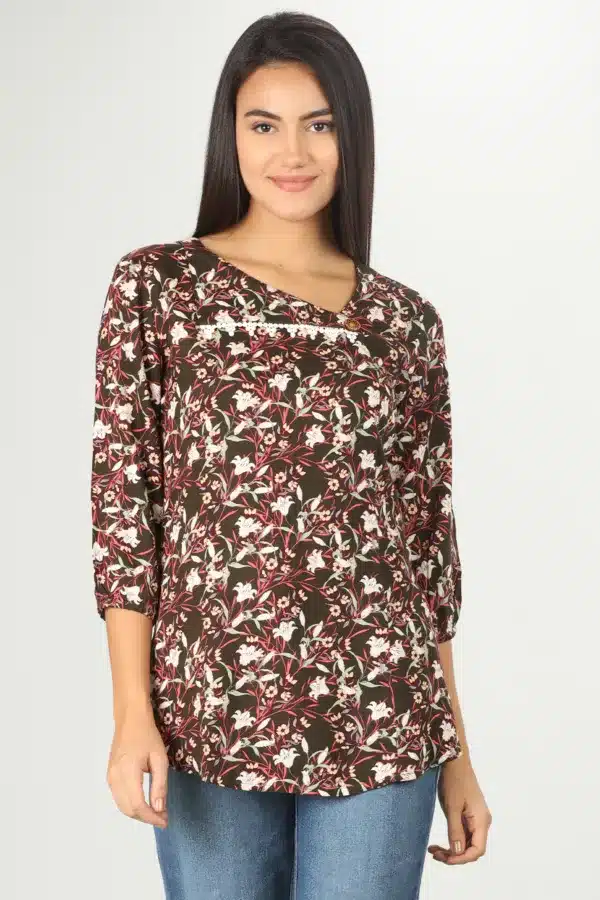 Brown Printed Women Tops 3/4 Sleeve