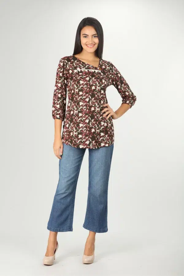 Brown Printed Women Tops 3/4 Sleeve