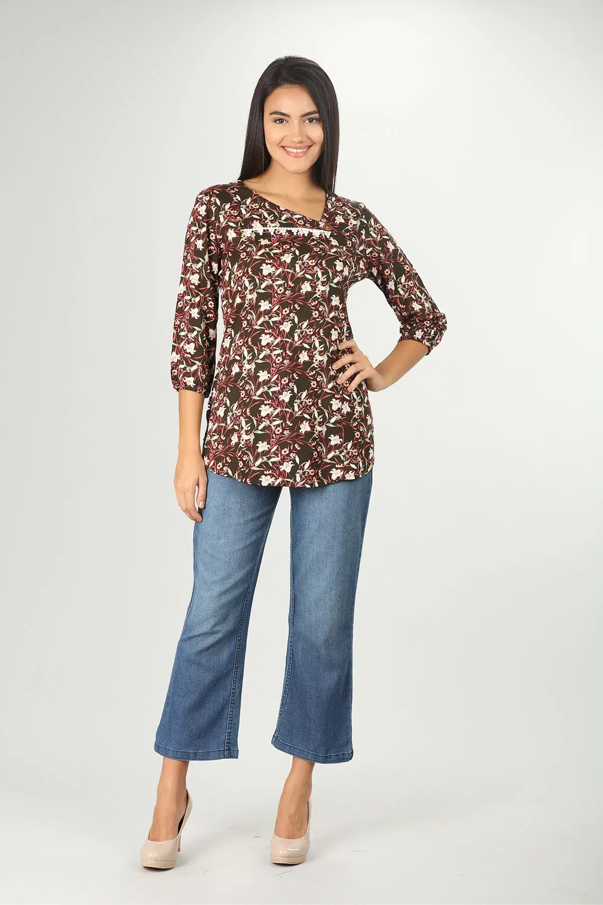 Brown Printed Women Tops 3/4 Sleeve