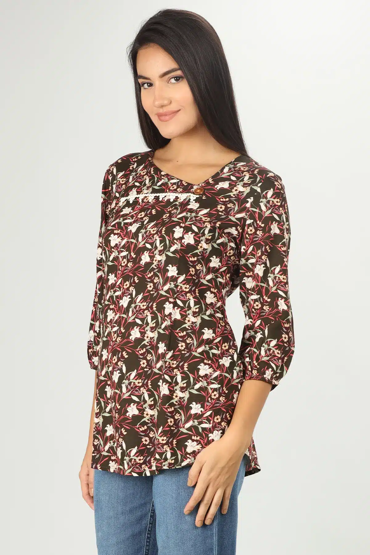 Brown Printed Women Tops 3/4 Sleeve