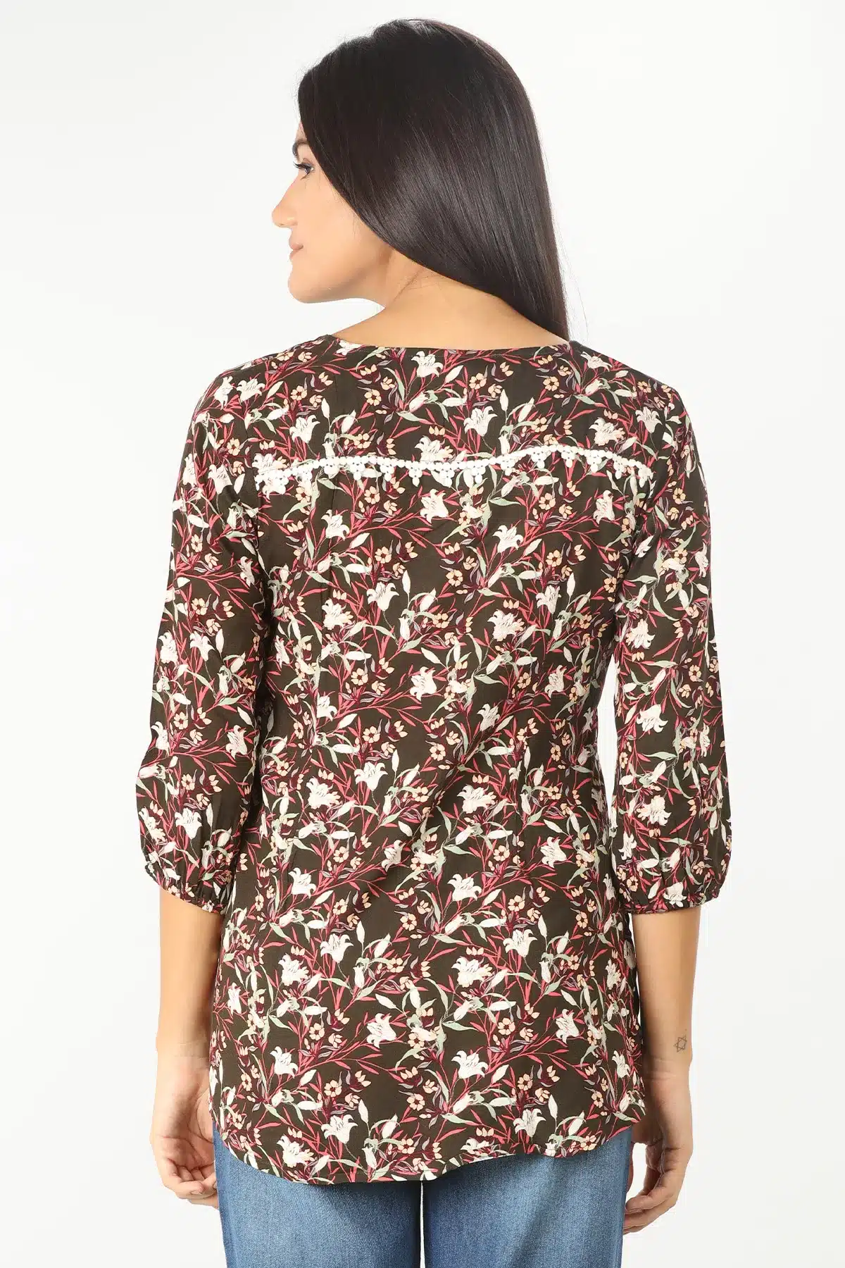 Brown Printed Women Tops 3/4 Sleeve