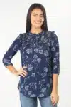 Dark Blue Floral Printed Women Tops Office Wear