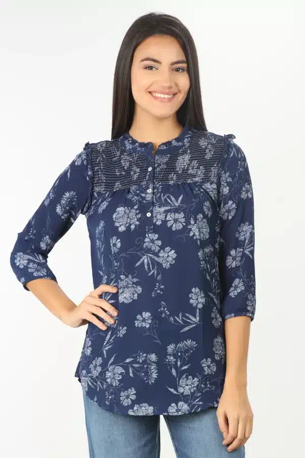Dark Blue Floral Printed Women Tops Office Wear