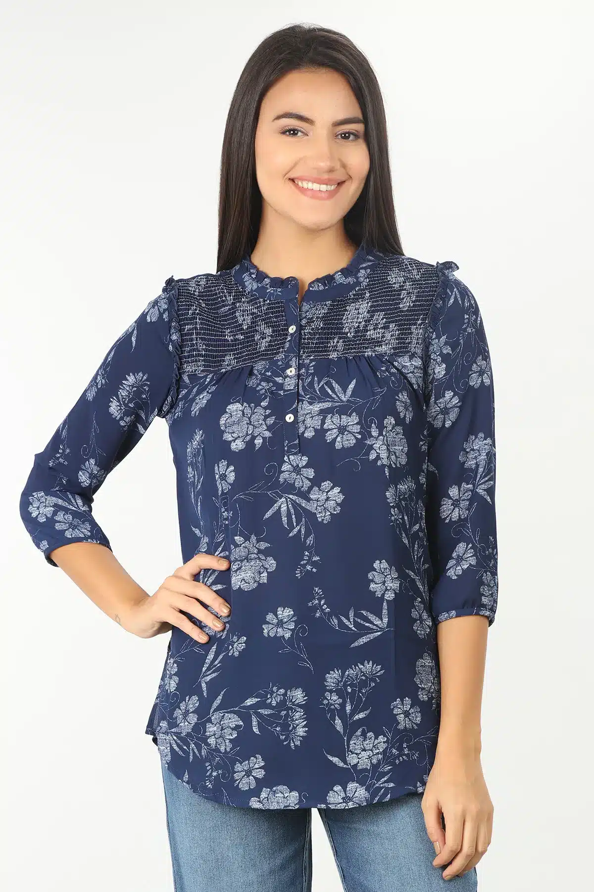 Dark Blue Floral Printed Women Tops Office Wear