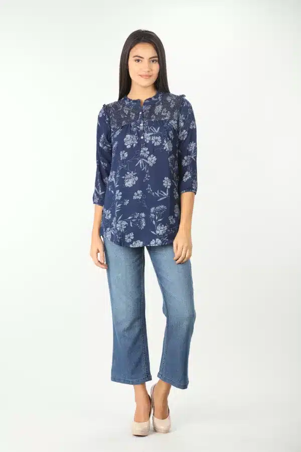 Dark Blue Floral Printed Women Tops Office Wear
