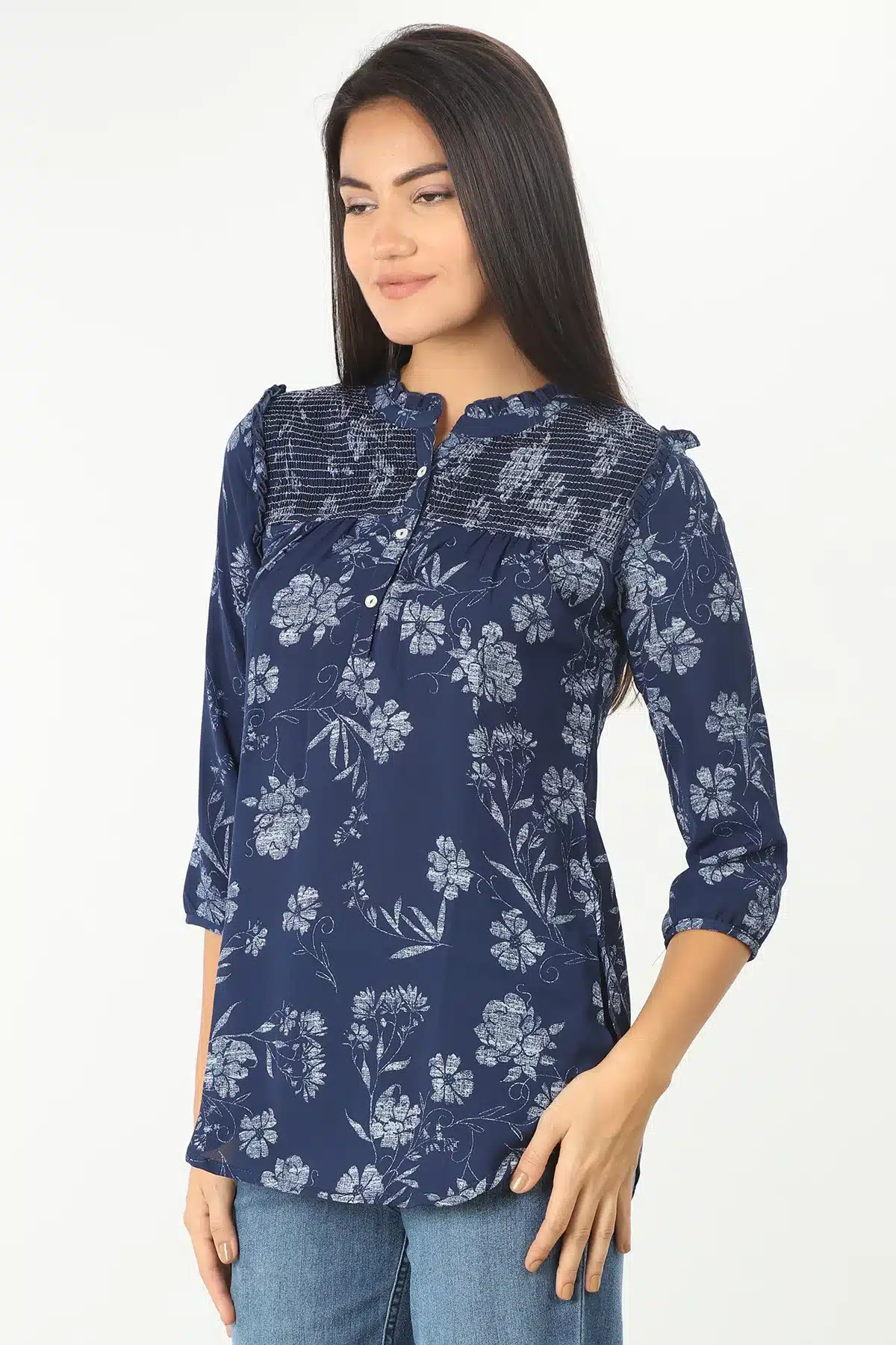 Dark Blue Floral Printed Women Tops Office Wear