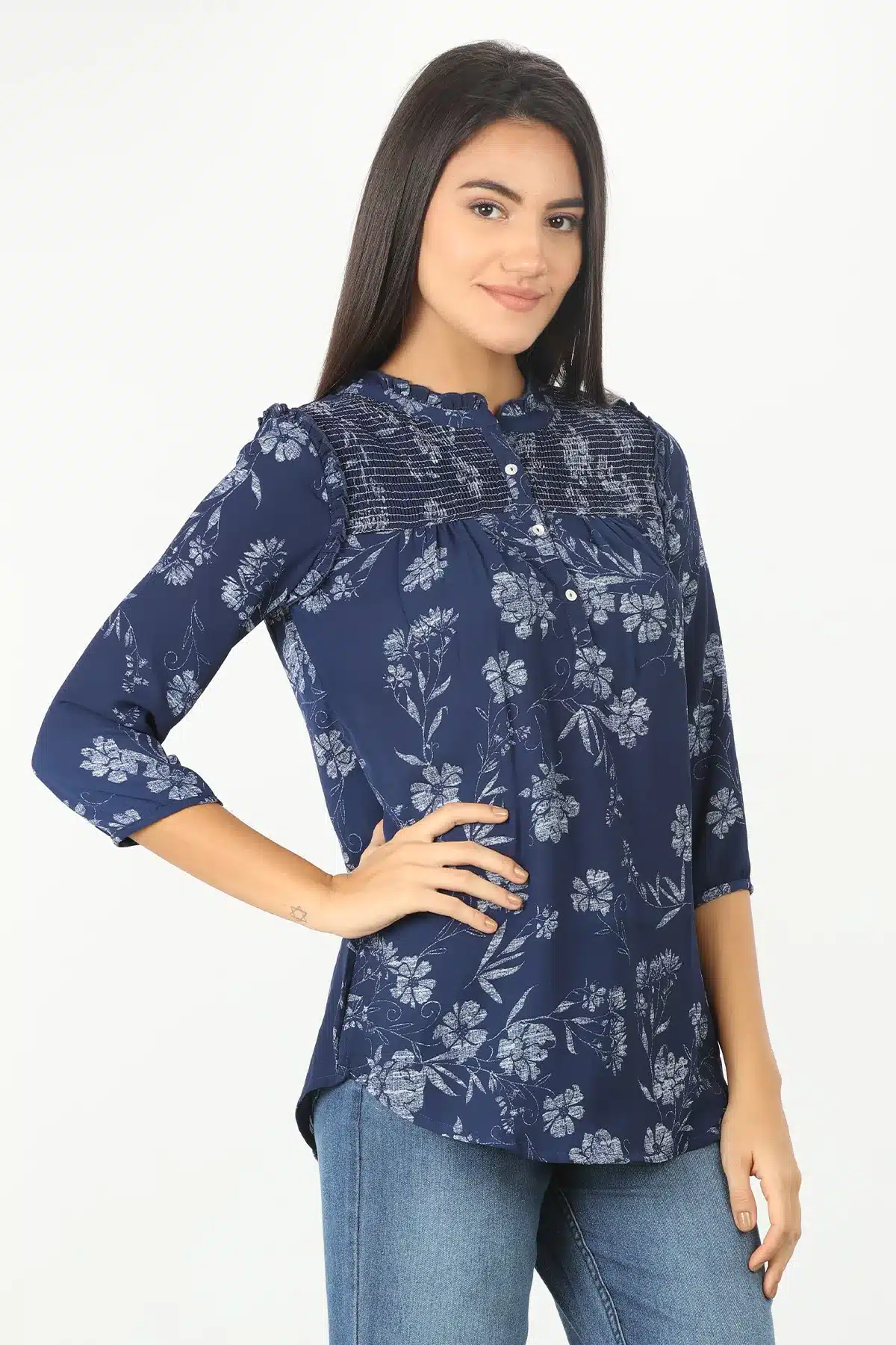 Dark Blue Floral Printed Women Tops Office Wear