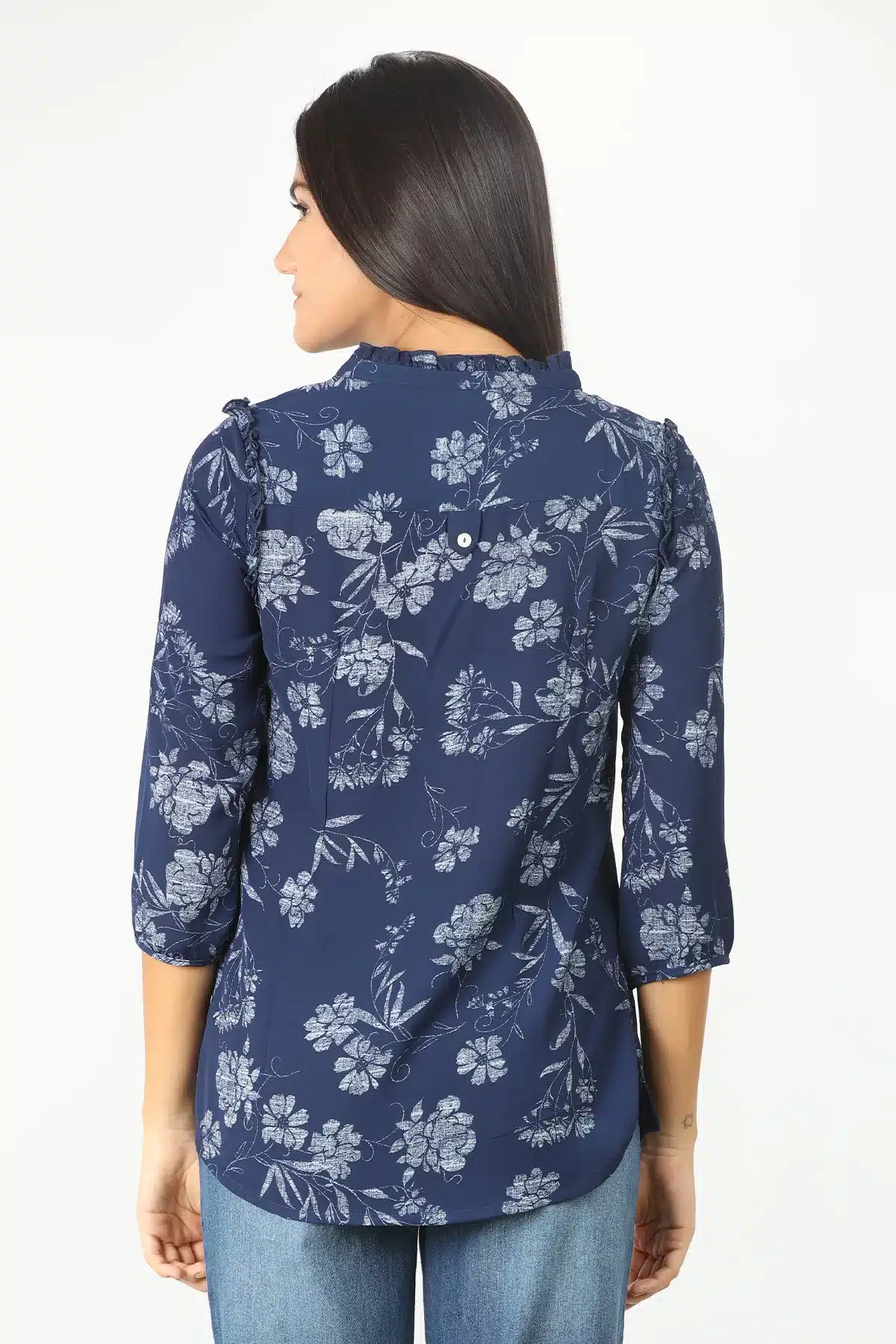 Dark Blue Floral Printed Women Tops Office Wear
