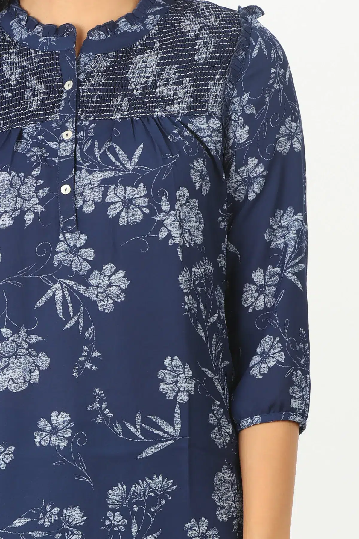 Dark Blue Floral Printed Women Tops Office Wear