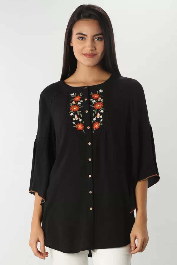 Embroidered Black Top For Women