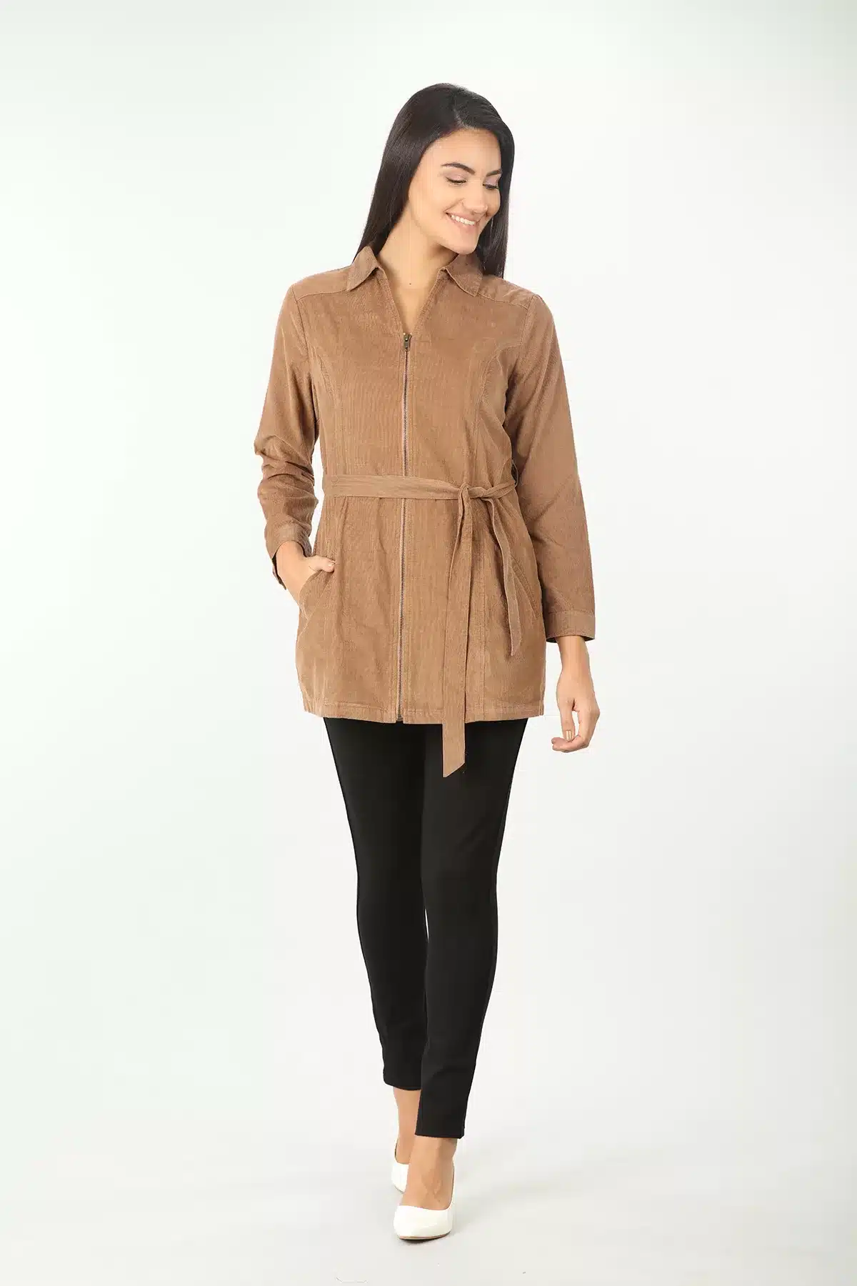 Beige Solid Tie Up Shirt For Women