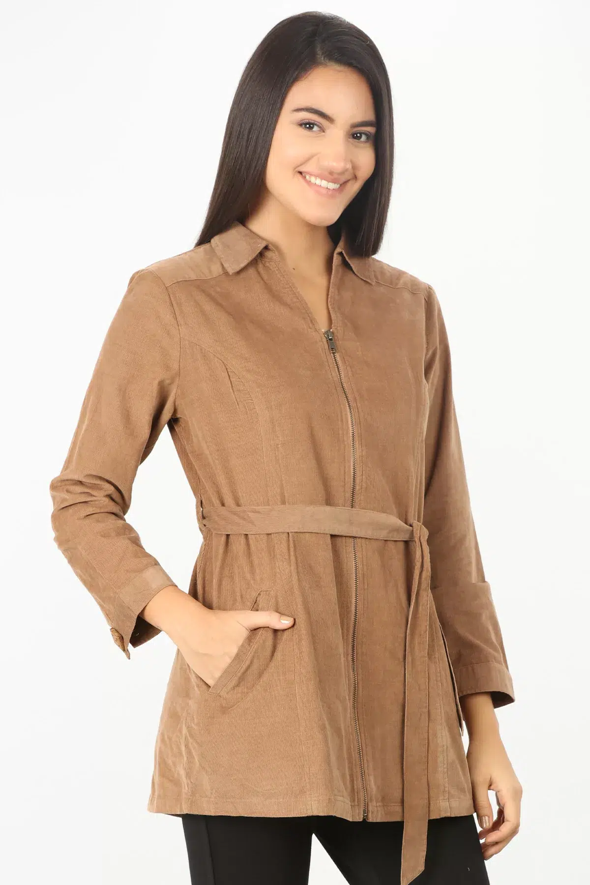 Beige Solid Tie Up Shirt For Women