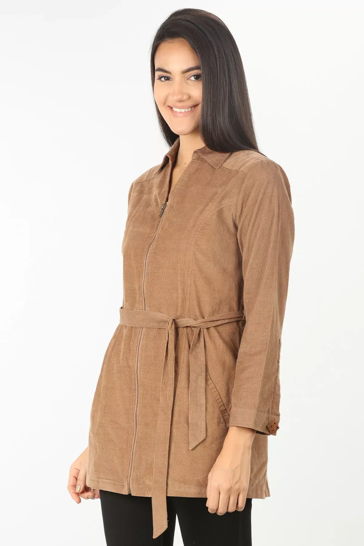 Beige Solid Tie Up Shirt For Women