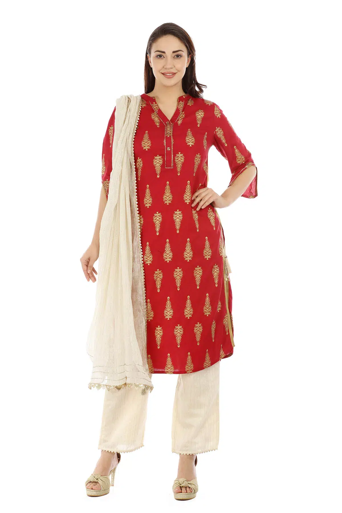 Beige Chanderi Silk Striped Ensemble Palazzo - Image 4