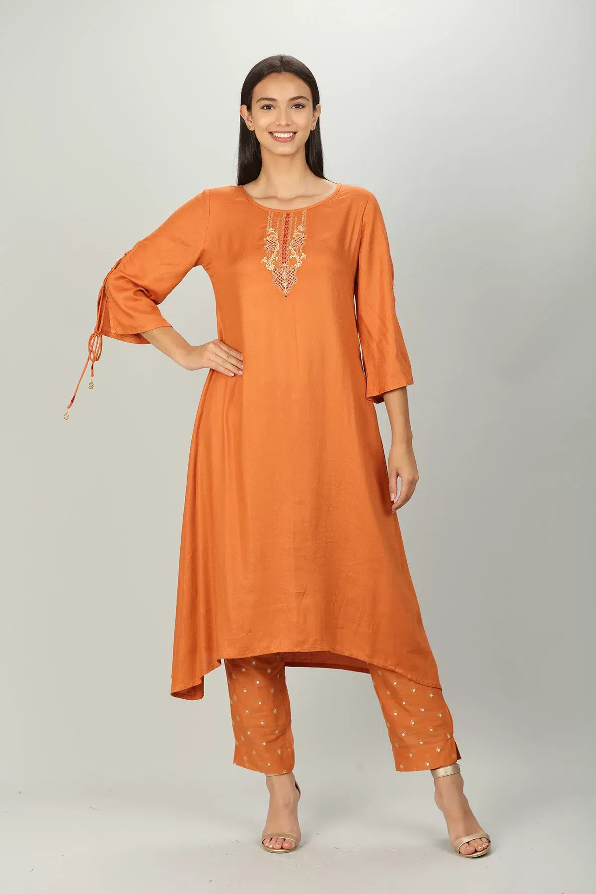 Embellished Orange Palazzo Pants For Women