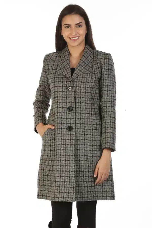 Grey Checks Woolen Coat For Women