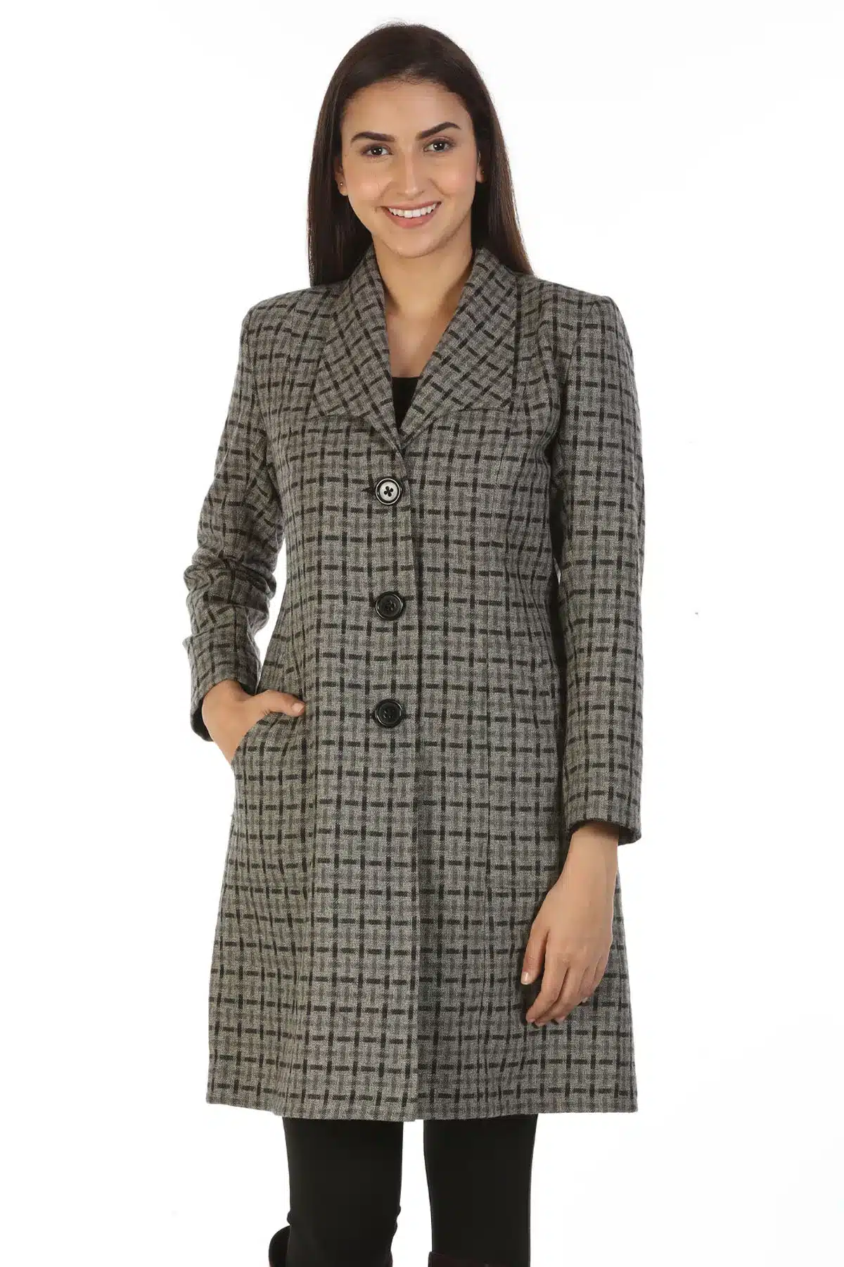 Grey Checks Woolen Coat For Women