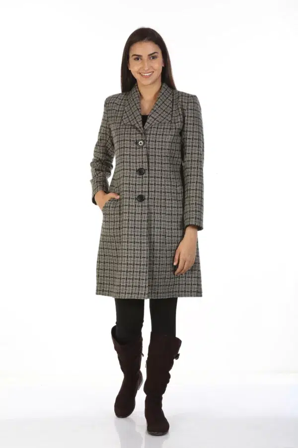 Grey Checks Woolen Coat For Women