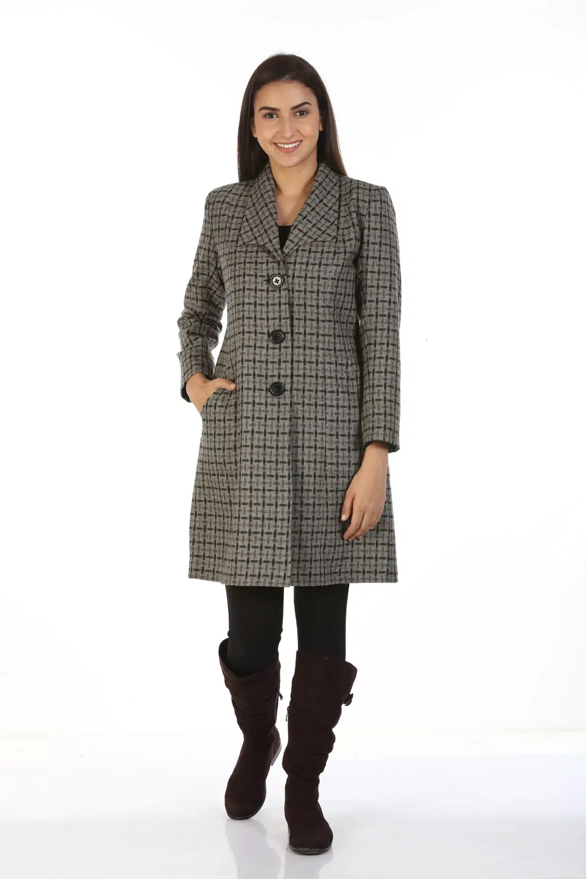 Grey Checks Woolen Coat For Women