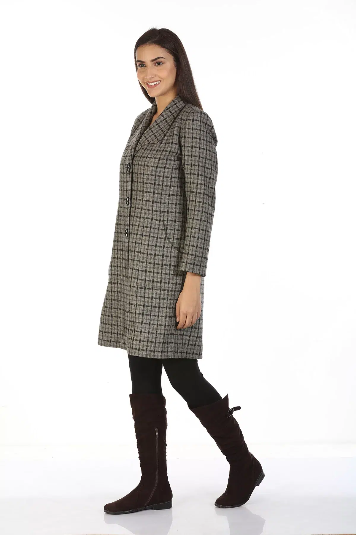 Grey Checks Woolen Coat For Women