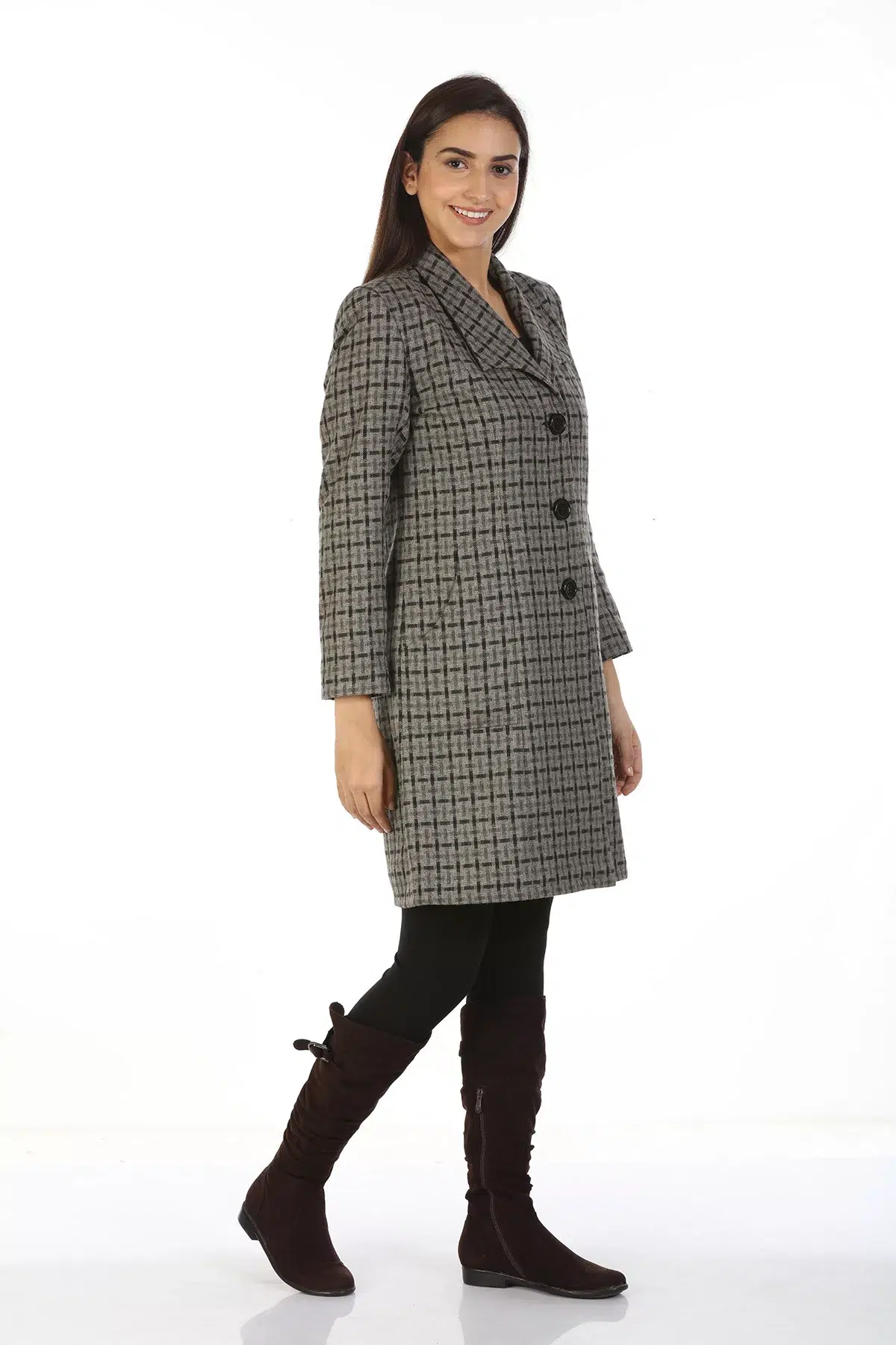 Grey Checks Woolen Coat For Women