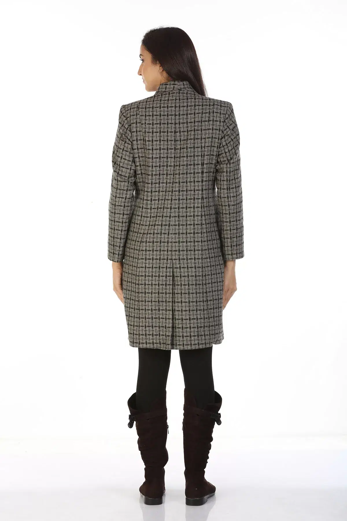 Grey Checks Woolen Coat For Women