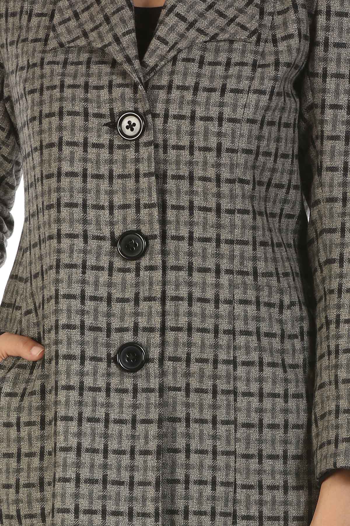 Grey Checks Woolen Coat For Women