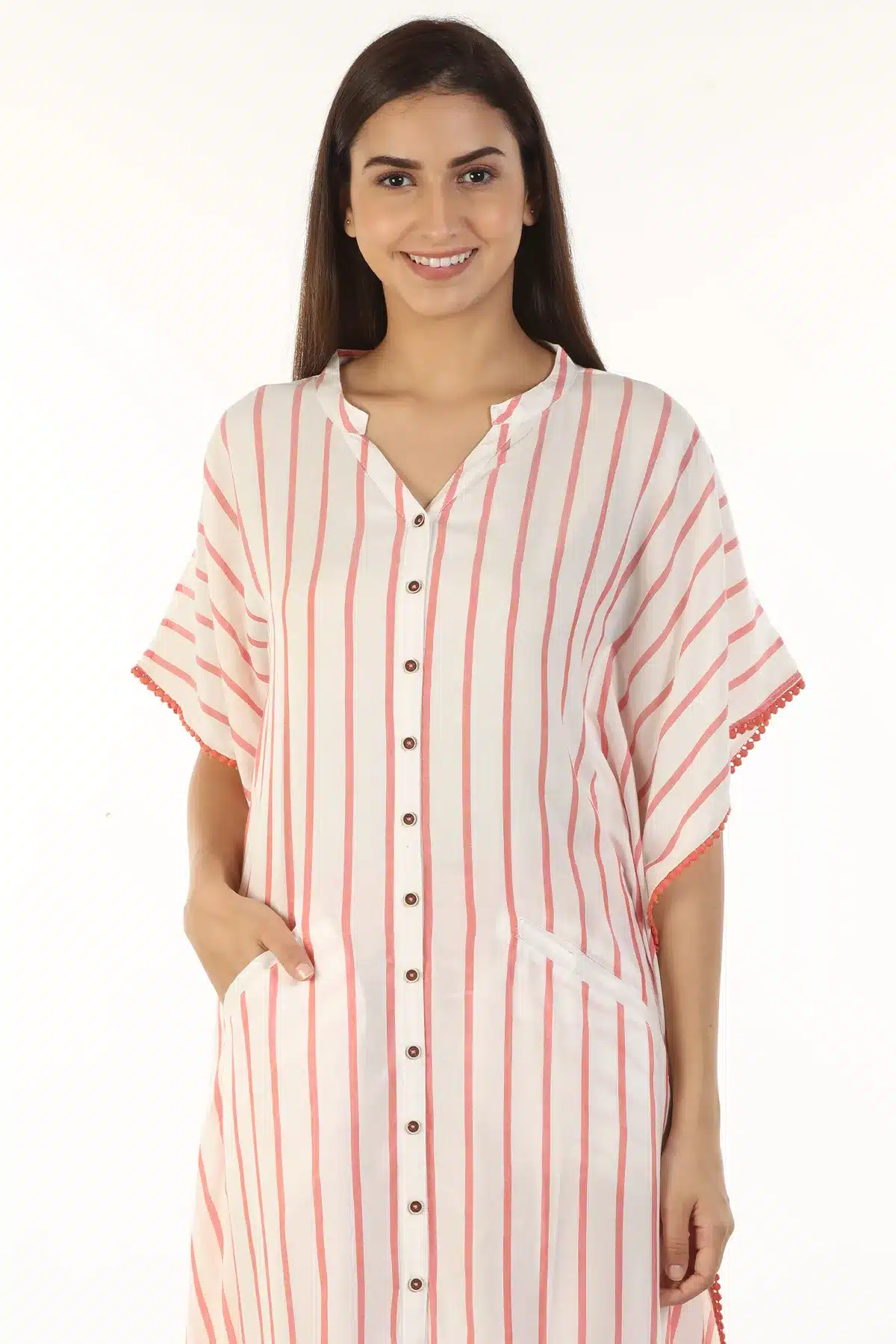 Pink Striped White Kaftan For Women