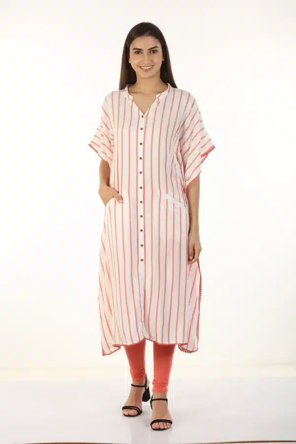 Pink Striped White Kaftan For Women