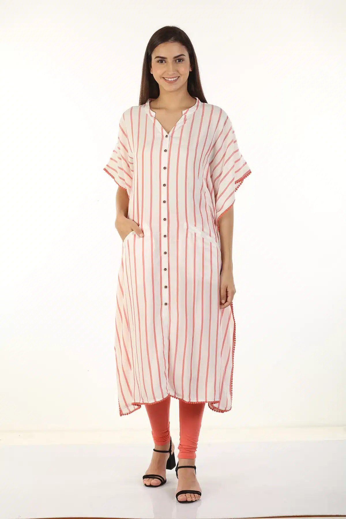 Pink Striped White Kaftan For Women