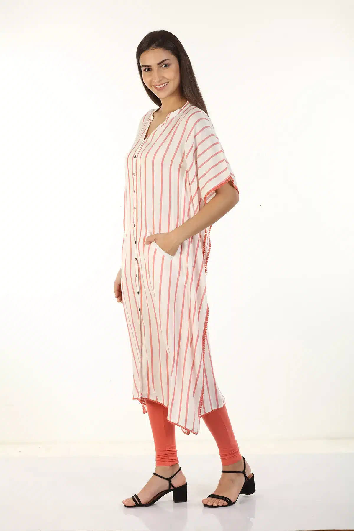Pink Striped White Kaftan For Women