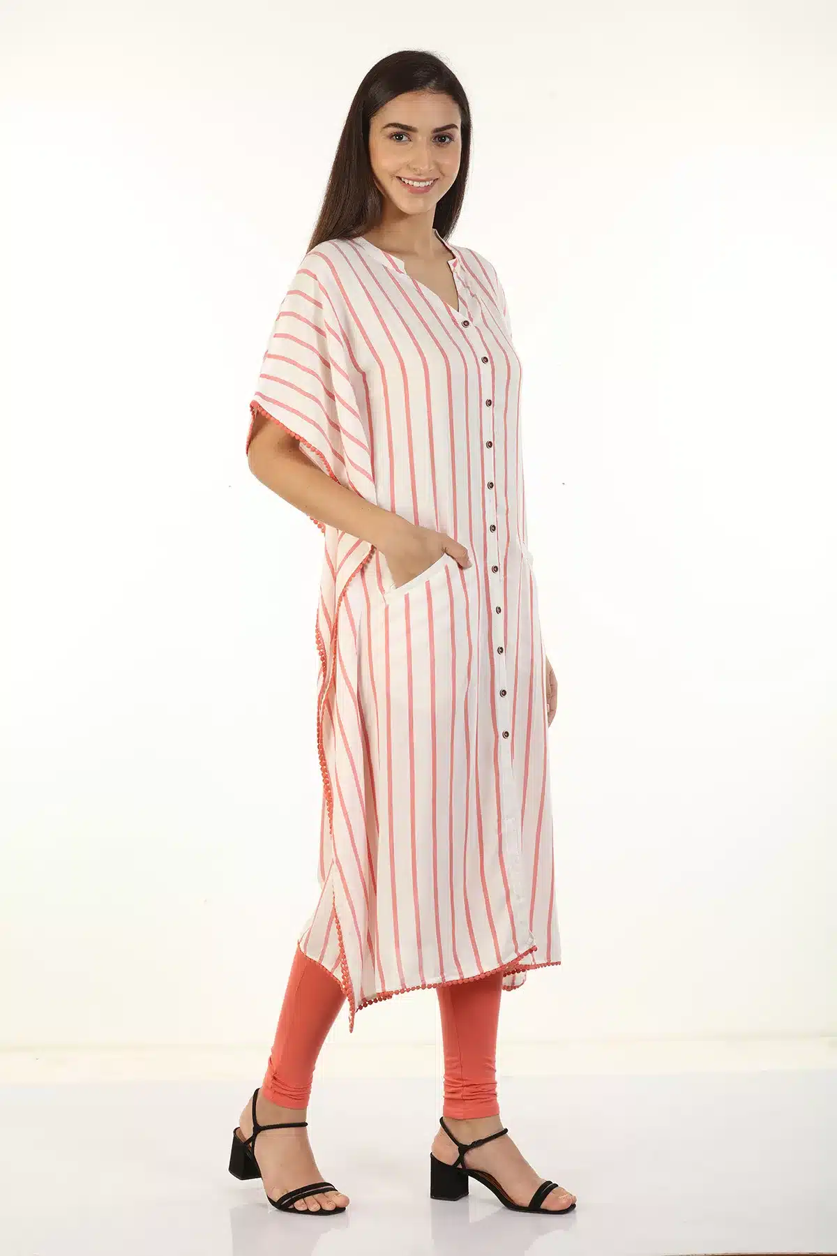 Pink Striped White Kaftan For Women
