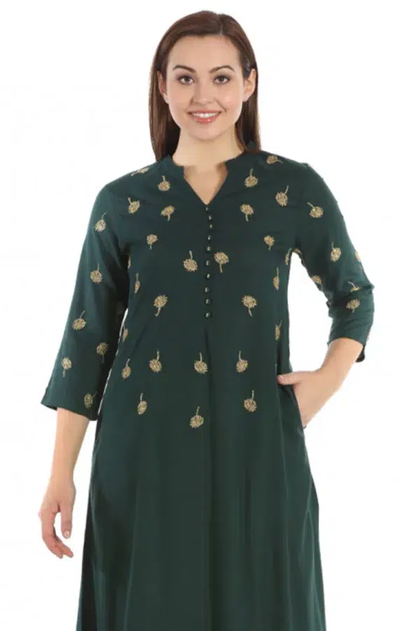 Solid Bottle Green Kurta For Women