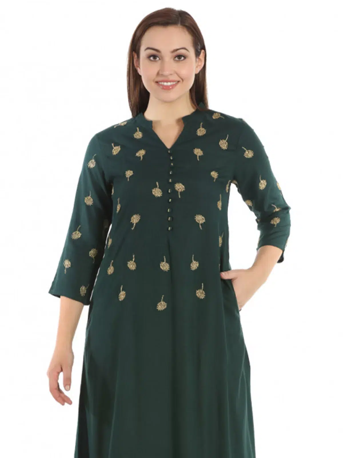 Solid Bottle Green Kurta For Women