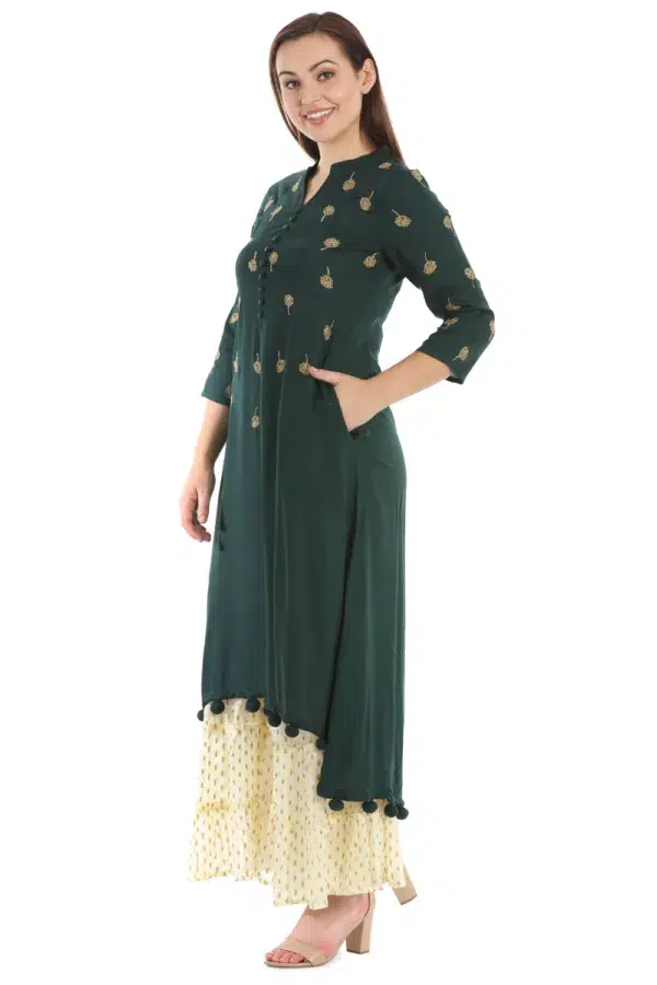 Solid Bottle Green Kurta For Women