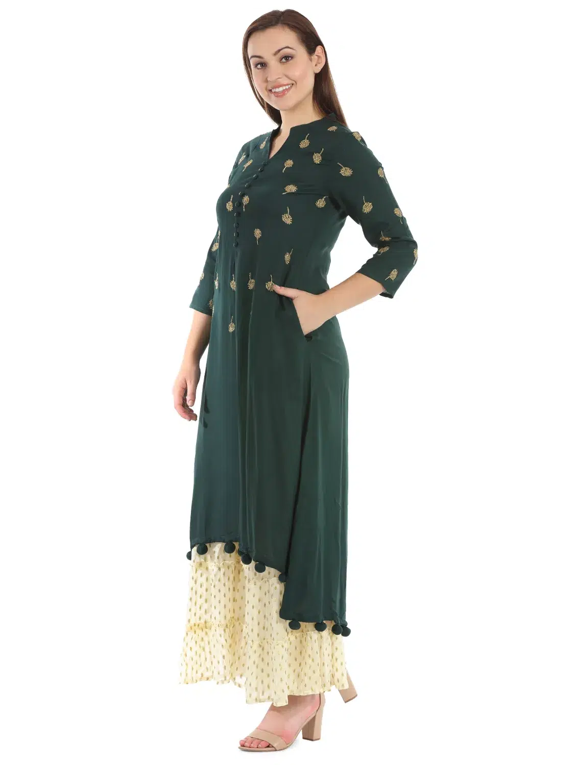 Solid Bottle Green Kurta For Women