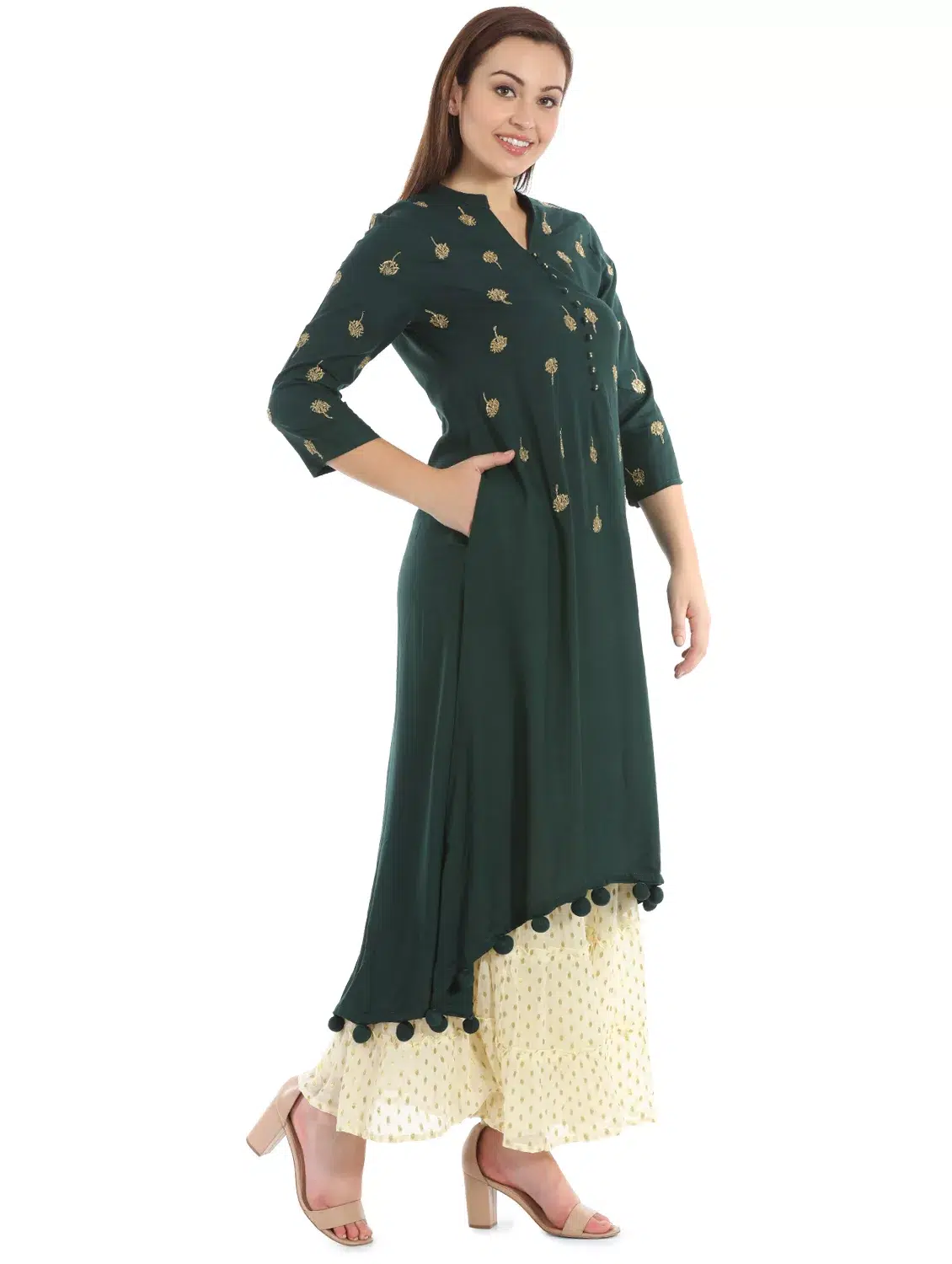 Solid Bottle Green Kurta For Women